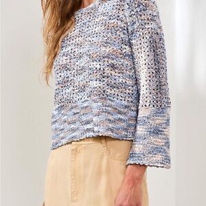 Tribal crochet knit sweater Blue and Cream ‘Saltwater’ size XL. Bell sleeves